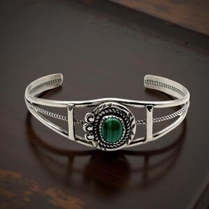 Vintage Signed Navajo Sterling Silver Malachite Cuff Bracelet RY Richard Yazza